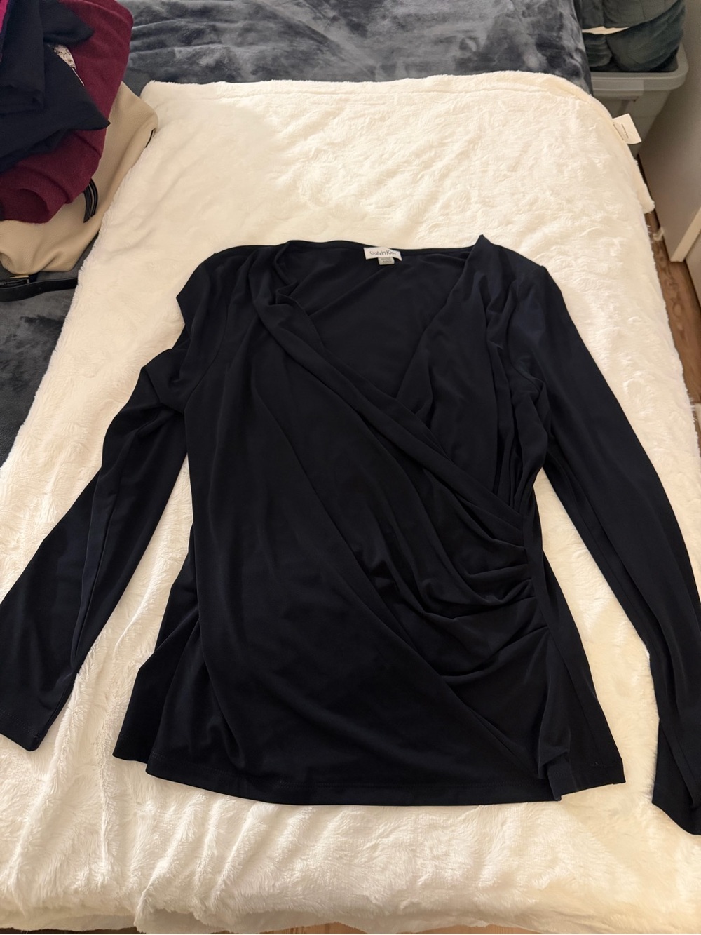 Calvin Klein Black Long-Sleeve Draped Wrap Blouse